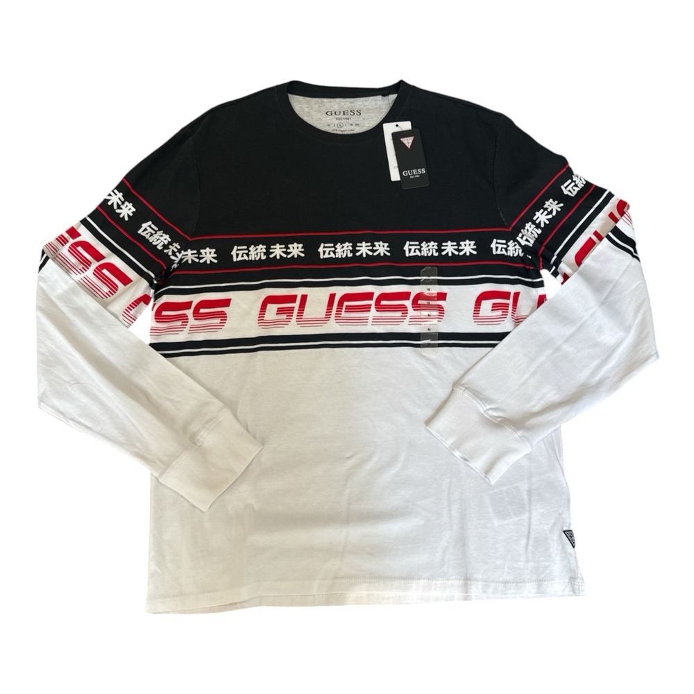 GUESS Mens M Long Sleeve Racer Stripe Graphic T-Shirt Black White Kanji NWT